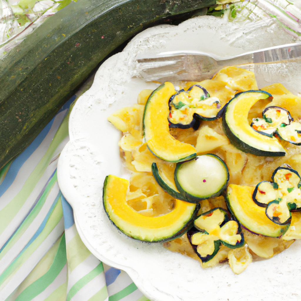 Delicious Summer Squash and Bow-Tie Pasta Representation of a cookedDelicious Summer Squash and Bow-Tie Pasta