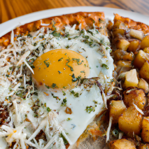 Brunch Pizza with Hash Browns, Egg and Cheese Representation of a cookedBrunch Pizza with Hash Browns, Egg and Cheese